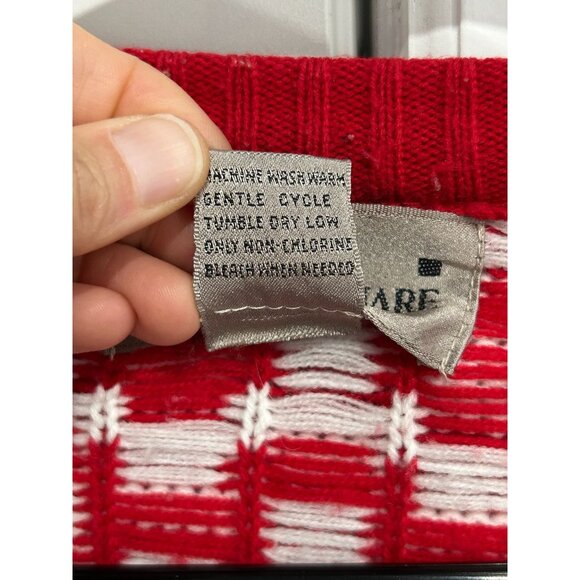 Vintage Sheridan Square Red White Geometric Cardigan Sweater SZ Medium - Picture 7 of 10
